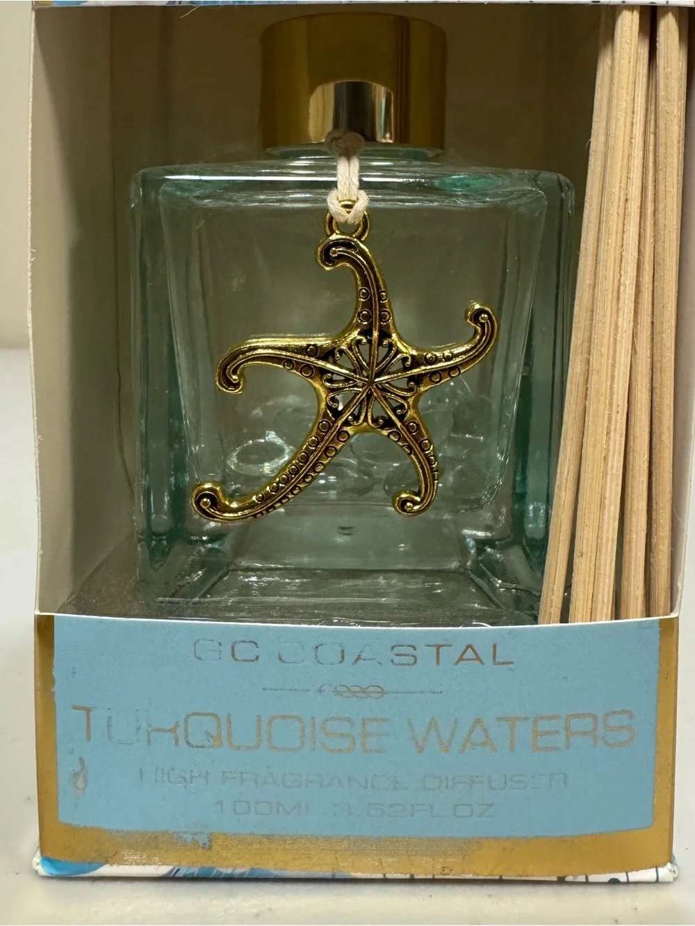 NWT Turquoise Waters Reed Diffuser Gold Starfish Accent Home Decor Scent Beach